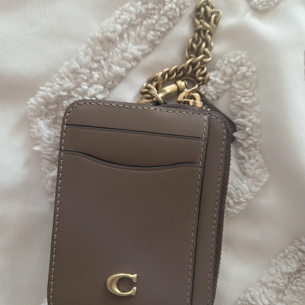 Coach Tan Card Holder with Gold Chain